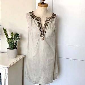 New York & Company V-Neck‎ Embellished Linen Tunic Dress M Cream